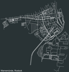 Fototapeta premium Detailed negative navigation white lines urban street roads map of the SEEBAD WARNEMÜNDE DISTRICT of the German regional capital city of Rostock, Germany on dark gray background
