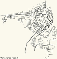 Detailed navigation black lines urban street roads map of the SEEBAD WARNEMÜNDE DISTRICT of the German regional capital city of Rostock, Germany on vintage beige background