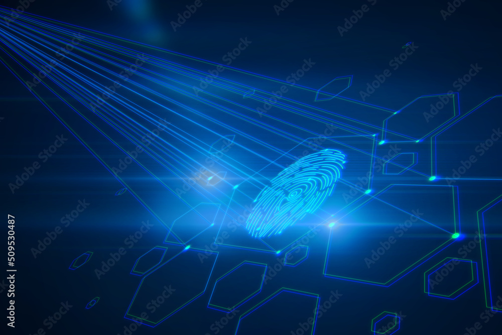 Poster Creative digital fingerprint hologram on dark background with lines. Cyber datanase and access concept. 3D Rendering.