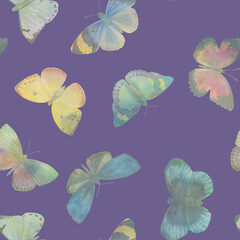 Seamless pattern Watercolor butterflies on a bright background. Botanical background of butterflies for design, wallpapers, wrapping paper, textiles.