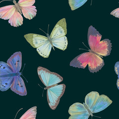 Seamless pattern Watercolor butterflies on a bright background. Botanical background of butterflies for design, wallpapers, wrapping paper, textiles.