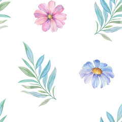 Watercolor flowers and leaves are collected in a seamless pattern isolated on a white background.