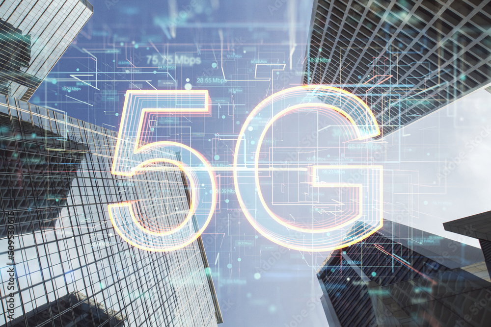 Aufkleber Front view on 5G digital glowing symbols on modern skyscraper tops background, 5G network wireless internet connection and communication network concept, double exposure