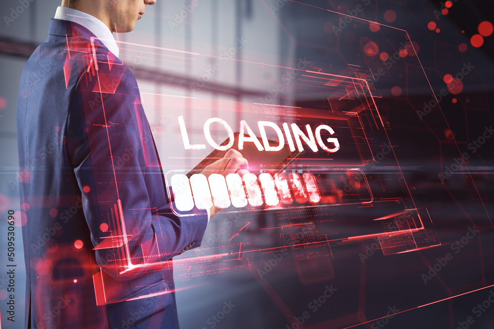Poster businessman hand using tablet with abstract red loading denied access hologram on blurry office inte