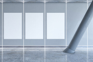 Front view on three blank white posters with place for your logo or text on grey wall in empty sunlit trade center hall with tilted column and glossy floor. 3D rendering, mock up