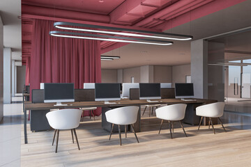 Modern spacious concrete coworking office interior with furniture, wooden flooring, red curtains and empty computer monitors. 3D Rendering.