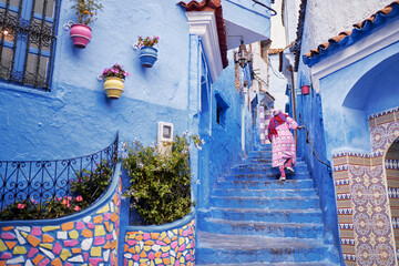 Street in medina of blue town Chefchaouen, Morocco.