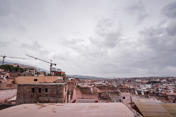 View of Fez City from the roof top terrace. Fes el Bali Medina, Morocco, Africa.