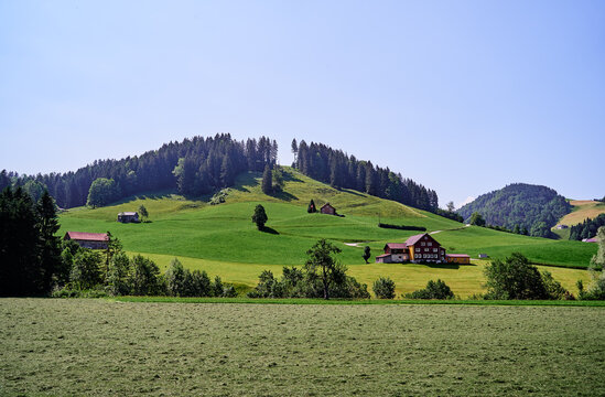 Beautiful summer landscape with houses on green field, Swiss Alp Mountains.