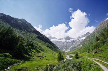 Fototapeta na wymiar Beautiful summer lanscape. Hiking through Alps mountains. Travel by Switzerland.