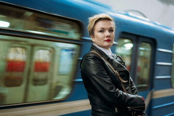  short haired caucasian woman wearing leather jacket on platform of metro station in Saint-petersburg, Russia.