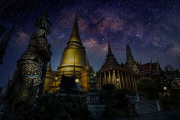 The Temple of Emerald Buddha in The Royal Grand Palace, Bangkok, Thailand. Create an image with the Milky Way as a background.