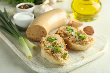 Concept of tasty food with liverwurst sausage, close up