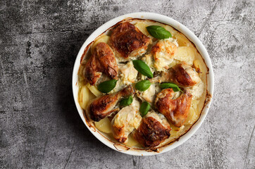 Oven baked chicken with potatoes in sour cream