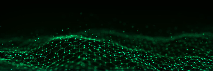 Technology green hexagon dynamic wave. Futuristic honeycomb concept. Digital technology webflow. Big data visualization. 3D rendering.