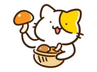 きのこ狩りをするかわいいねこのデフォルメイラスト