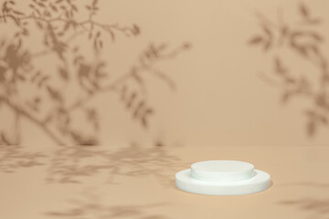 Abstract minimal nature scene - empty stage and circle podium on beige background and soft shadows of rose flowers and leaves. Pedestal for cosmetic product and packaging mockups display presentation