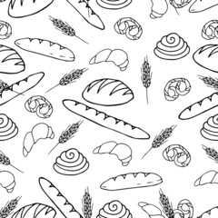 Seamless pattern bakery products,loaf,baguette,croissant,bagel,bread,wheat,ear on a white background.Vector illustration in doodle style.For labels, packaging,bakery products.