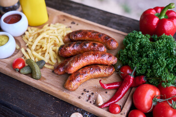 Tasty freshly grilled Sausages served with French fries and sauce on wooden board