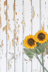 Bright wooden background sunflowers Wood texture floral farmhouse decoration