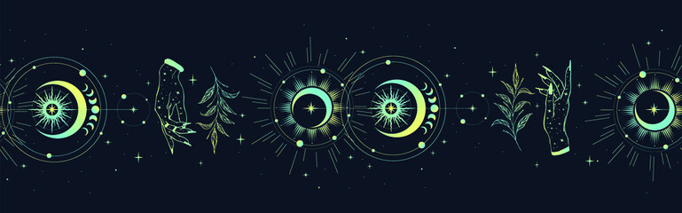 Magic seamless vector border with moons, herbs, stars and suns. Gold decorative ornament. Graphic pattern for astrology, esoteric, tarot, mystic and magic.
