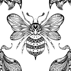 Vector seamless pattern with drawing bee and moth with boho decoration. Monochrome texture with night butterfly and bumblebee