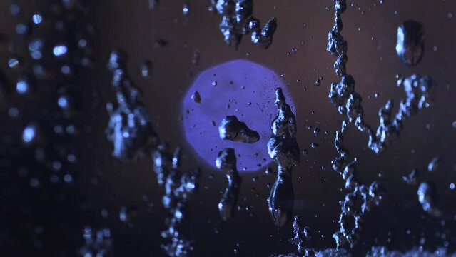 Close-up of heavy drops melt joining, flowing down on dark background. Frozen drops of rain, sleet defrosting on window at night. Wet snow dripping down. Round blue highlight. Blurred light of moon.