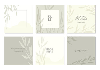 Set neutral background in pastel gray colors with plants elements. Social media post template. Vector frames for banner, postcard, presentation, poster, advertising