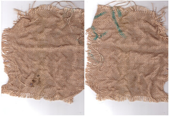 pieces of gunny sack burlap hessian isolated against white background jute texture with green marking printing on fabric grunge poster ad banner album art cover page backdrop close up