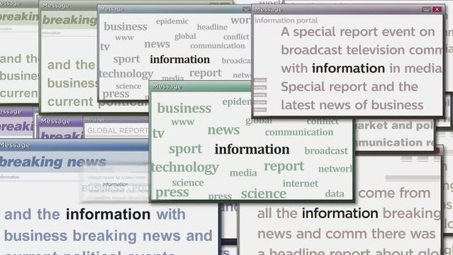 Pop up windows with Information and communication on computer screen. Abstract concept of news titles across media. Seamless and looped display animation.