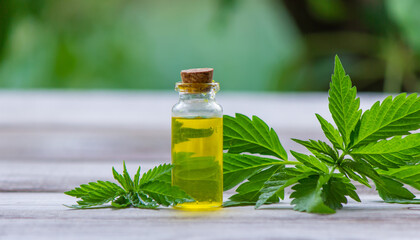 hemp oil. fresh cannabis leaves. Jars of cannabis oil. selective focus