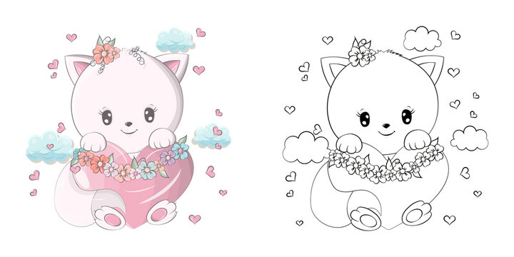 Cute Clipart Cat Illustration and For Coloring Page. Clip Art Cat with a Sick Heart in its Paws.