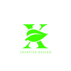 Creative Letter X Leaf Logo Design, Letter X Botanical Logo, Leaf Attached with Alphabet X