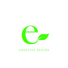 Creative Letter E Leaf Logo Design, Letter E Botanical Logo, Leaf Attached with Alphabet E