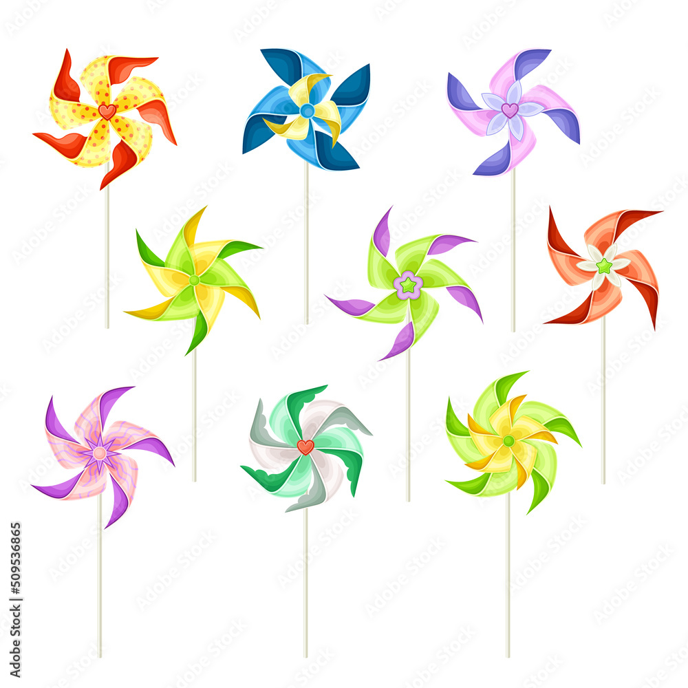 Poster colorful pinwheel toy with paper curl attached to stick vector set