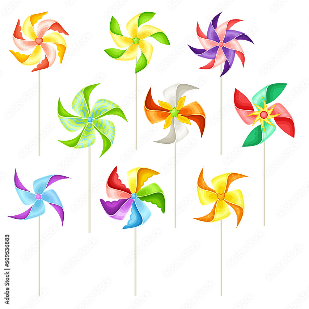 Poster colorful pinwheel toy with paper curl attached to stick vector set