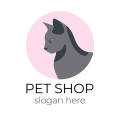 Vector logo with cat. Cat logo illustration for pet shop, pet store. Pet logo template. British Scottish cat. Nursery logo. Gray cat head logo isolated