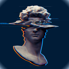 Digital offset CMYK offset misprint mode illustration of classical head bust sculpture from 3D rendering in the style of corrupted modern glitch art graphics isolated on scanline grainy background.