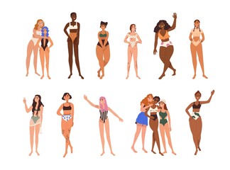 Diverse women set. Happy girls in bikini with different body types, shapes, figures, skin colors, races, weight and height. Females diversity. Flat vector illustrations isolated on white background