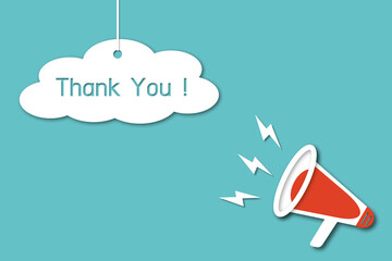 Red megaphone with thank you message for card, presentation, business. Expressing gratitude. Minimalist abstract design on green background, shadow overlay. copy space. illustration paper cut style.