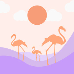 Summer vector illustration Flamingo beach Cute flamingo Stylish vector Tropical Sunset Sunrise Dawn Card template for tshirt t-shirt 