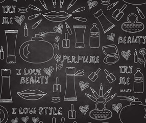 Fashion and beauty vector seamless patern with hand drawn cosmetics bottles, lipsticks, nail enamels
