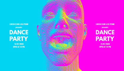 Dance party invitation with date and time details. Music event flyer or banner. Portrait of screaming man with wide open mouth. Shock and awe. Full of emotions. Voxel art. 3D vector illustration.