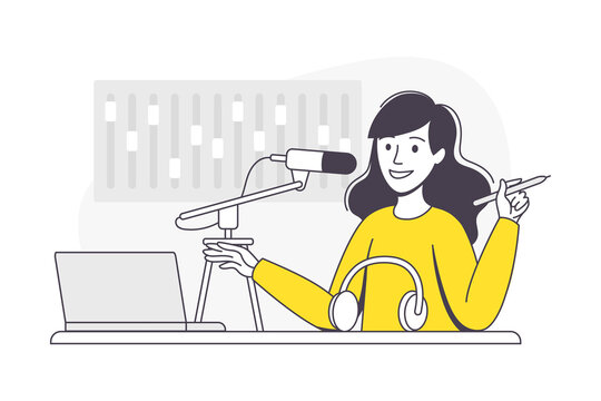recommend clip art: Podcast Recording with Young Woman with Microphone Broadcasting and Live Streaming Outline Vector Illustration