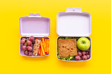 Kid school lunch box set of sandwich with graip and apple