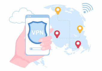 VPN or Virtual Private Network Service Cartoon Vector Illustration to Protect, Cyber Security and Secure his Personal Data in Smartphone or Computer