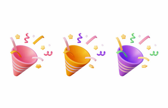 3D party popper with confetti for party, birthday and new year. In purple, pink, yellow colors. 3D rendering illustration