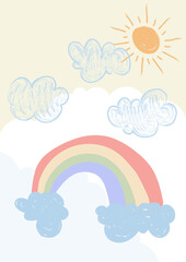 rainbow, cloud and sun children's hand drawing