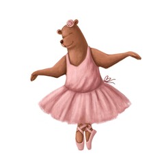 bear ballerina funny cartoon character, watercolor style illustration, ballet clipart