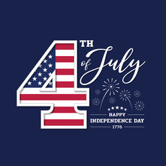 4th of july and happy USA independence day - four number with american flag texture on dark blue background vector design